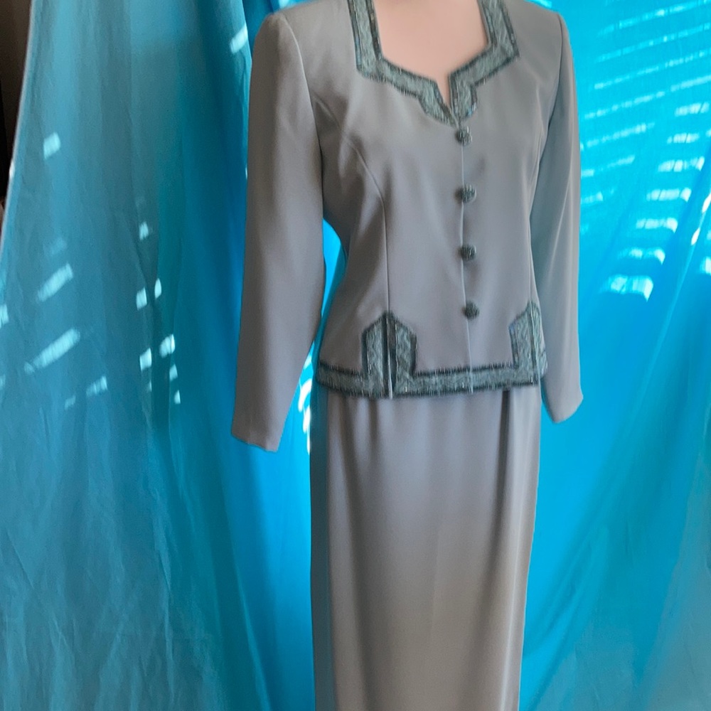 Two piece aqua  suit with maxi skirt